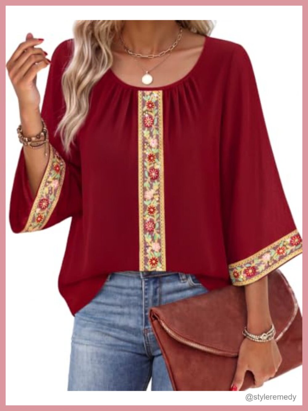 Womens Embroidered 3/4 Bell Sleeve Chiffon Blouse Crew Neck Layered Top